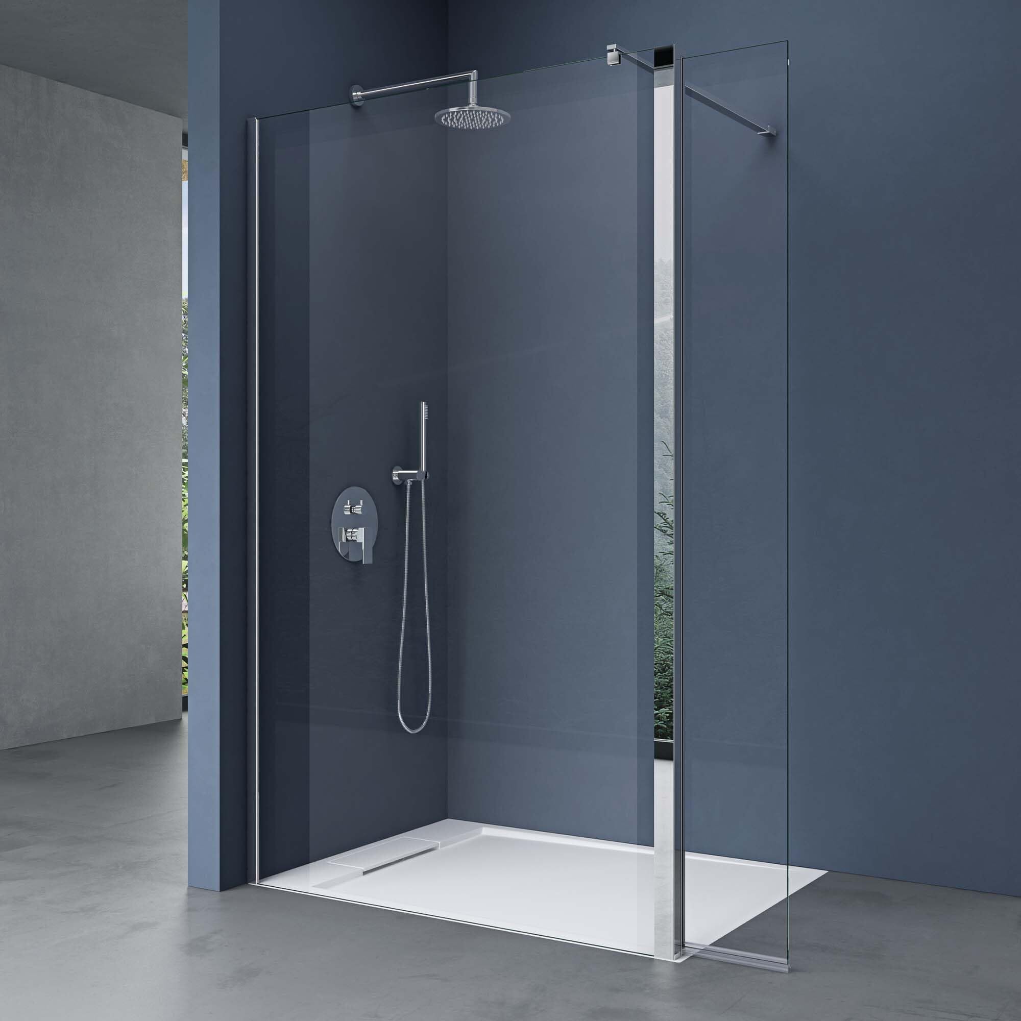 doporro Duschwand 130x200cm Walk-In mit 30cm Nebenteil, 10mm Duschabtrennung Bremen mit rechteckigem Stabilisator, aus Echtglas ESG-Sicherheitsglas