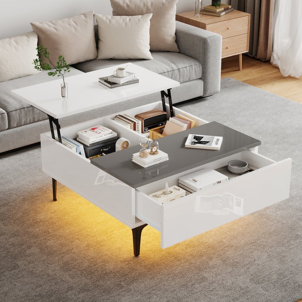 Hauss Spole Table basse relevable blanche et grise avec led Blanc 70x35x70cm