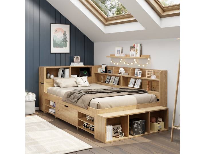 Lit Enfant 90x200 Cm Avec Rangements\, Tiroir Et Étagères\, Sommier Inclus\, Sans Matelas\, Lit Bois Multifonction Naturel