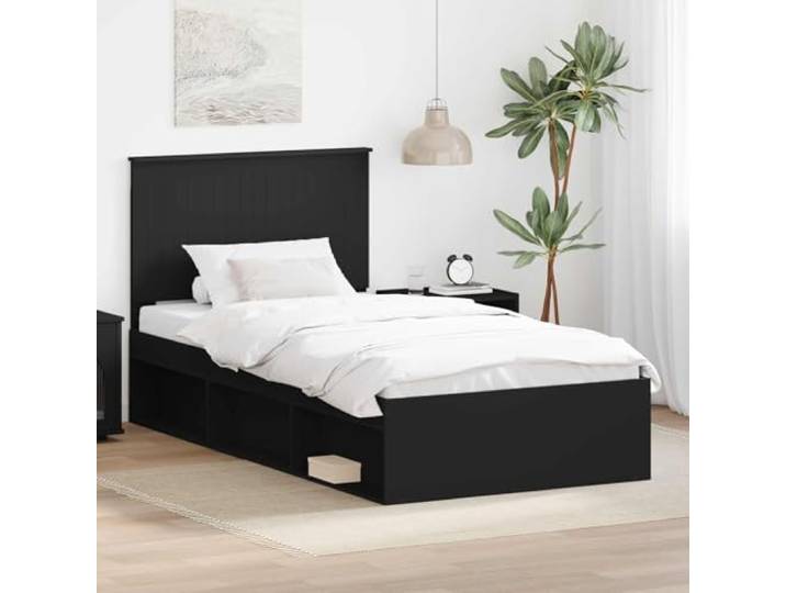 Massives Kiefernholz Modernes Design Bettrahmen Schwarz 100 x 200 cm Bettrahmen Schwarz 100x200 cm Massives Kiefernholz Stabiler Lattenrost Modernes Bettgestell für Schlafzimmer Gästezimmer