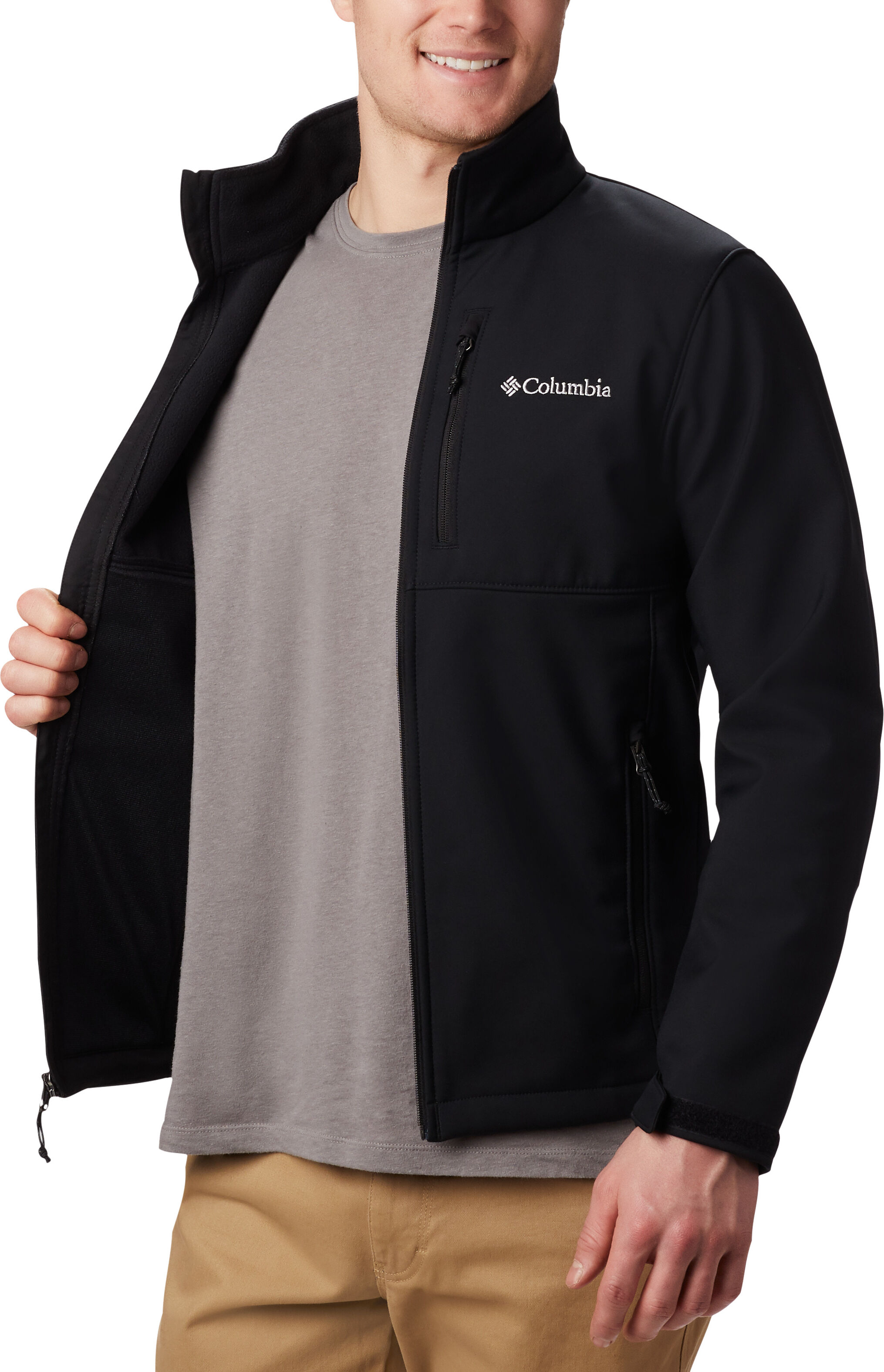 Softshelljacke COLUMBIA "Ascender Softshell Jacket", Herren, Gr. L, schwarz, Softshell, Obermaterial: 100% Polyester. Futter: 100% Polyester, normal, hoch geschlossener Ausschnitt, mit Klettverschluss, Jacken Softshelljacke, mit wasserabweisenden Details 