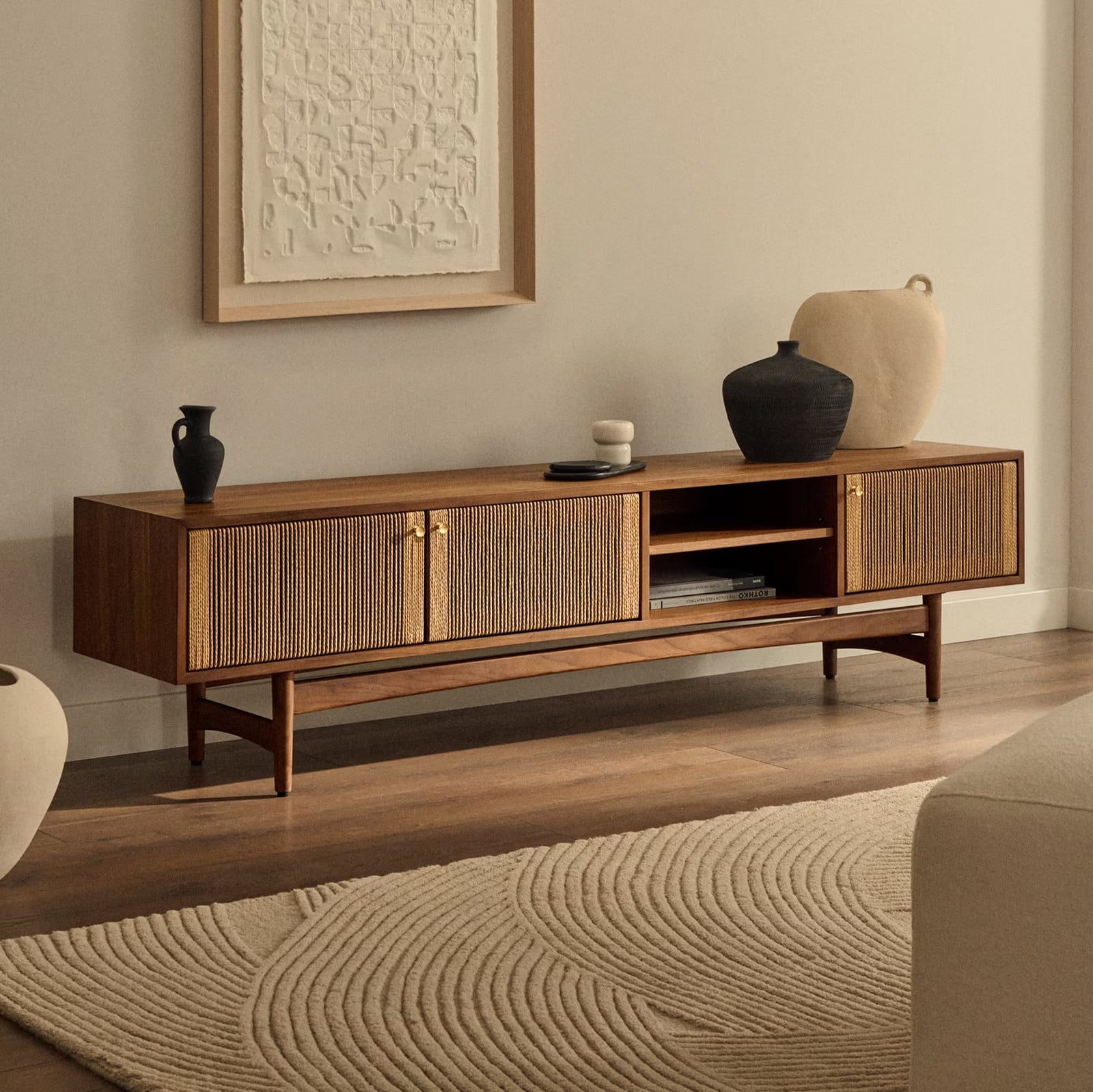 Kave Home TV-meubel Elan Notenhout, Bruin, Japandi stijl, Breedte: 200 cm