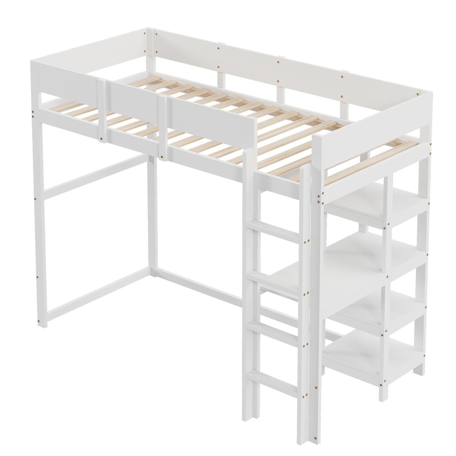 Hochbett mit Ablage(Weiss,90x200cm)Bettgestell aus massivem Kiefernholz mit Lattenrost,Bett für Kinder und Jugendliche