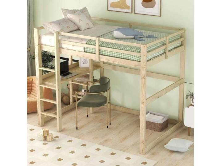 Lit mezzanine enfant - MODERNLUXE - Bureau et étagères - Bois massif - Naturel