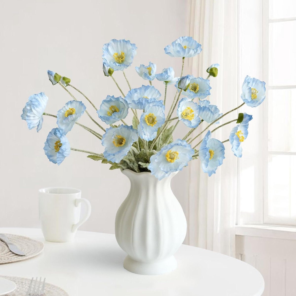 Set van 6 lichtblauwe kunstklaprozen van zijde voor huisdecoratie