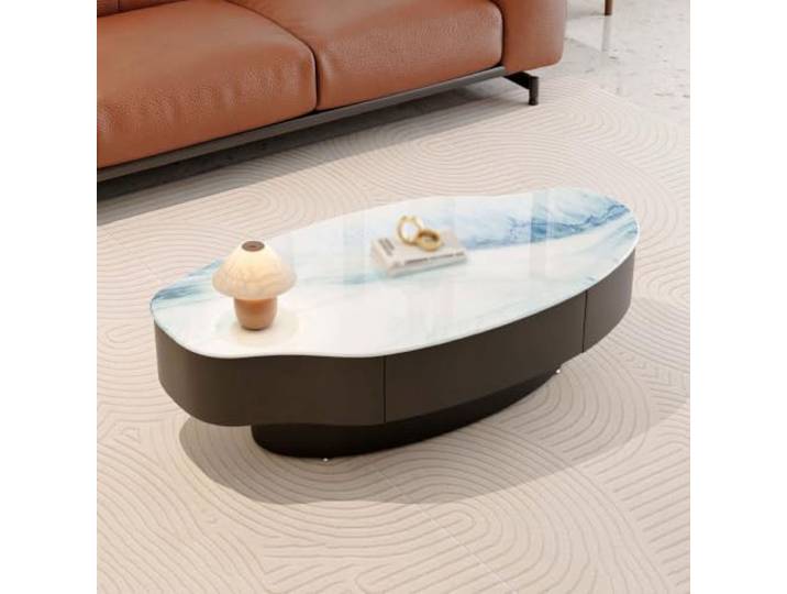 Couchtisch Klein mit Stauraum,Moderner Sofatisch für Wohnzimmer,Beistelltisch Aus Gehärtetem Glas und Eisen,Unregelmäßige Form,Schublade,Marmoroptik B,100CM