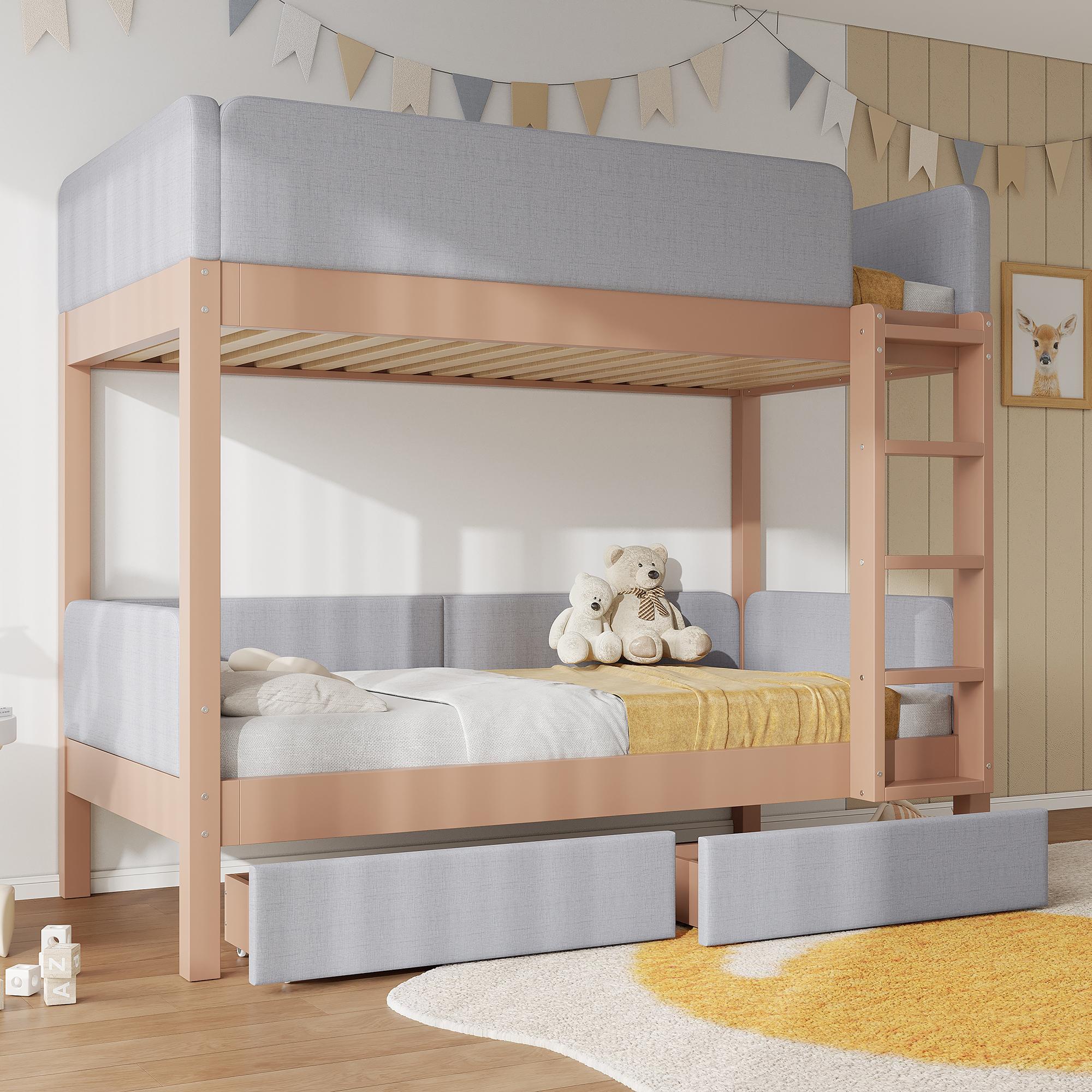 okwish Etagenbett Kinderbett 90x200 cm mit zwei Schubladen,Doppelbett mit Vierstufige gerade Treppe,Bettgestell mit Weiche Antikollisions-Schwammkante,Grau+Natur,(ohne Matratze)