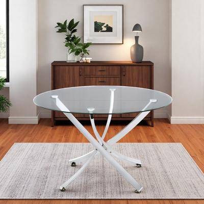 ZWYO HOSIMU "46"" Contemporary Round Dining Table, Tempered Glass Kitchen Table with Chrome Asterisk Metal Base for 4"