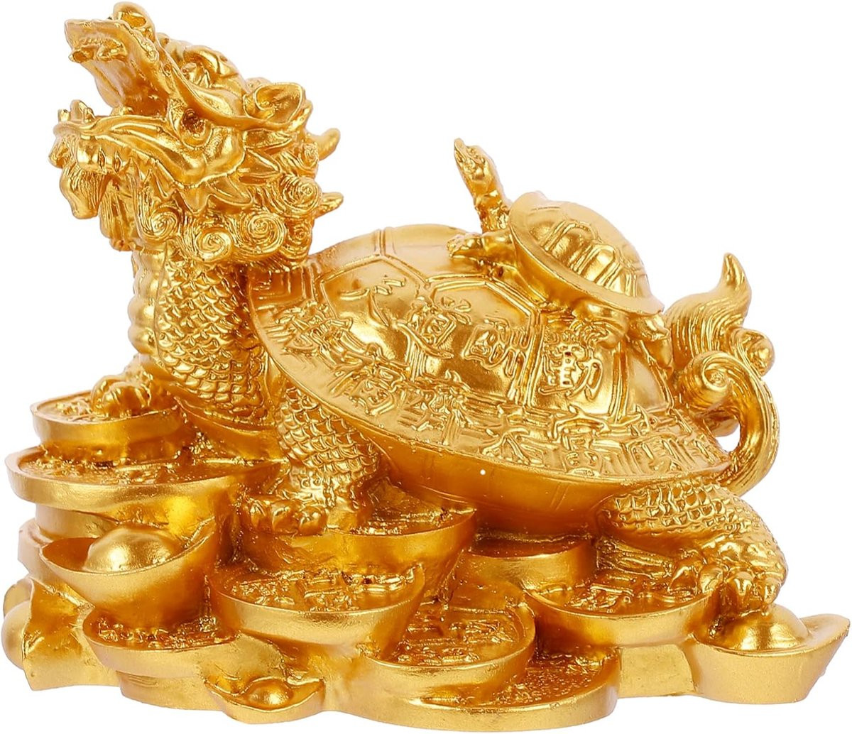 Gouden Draken Schildpad Beeld - Feng Shui Gelukssymbool voor Huisdecoratie - Hoogte: 12,5 cm