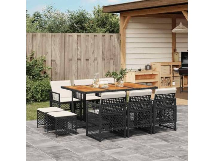 HEFZGDB 11-TLG. Garten-Essgruppe mit Kissen Schwarz Poly Rattan, Outdoor Esstischgruppe mit Akazienholz Tischplatte und klappbaren Stühlen für Terrasse Garten Balkon, wetterfest
