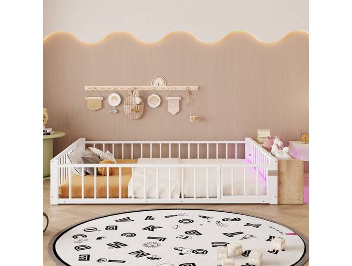 LIT ENFANT - MDF+Metal - 140x200 cm - Barrière ajourée de sécurité - LED intégrée