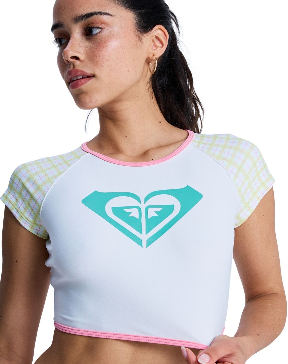 Rash Guard ROXY "The Swell Crop", Damen, Gr. L, weiß (cloud dancer swell plaid), Obermaterial: 85% Polyester, 15% Elasthan., Shirts Rash Guard