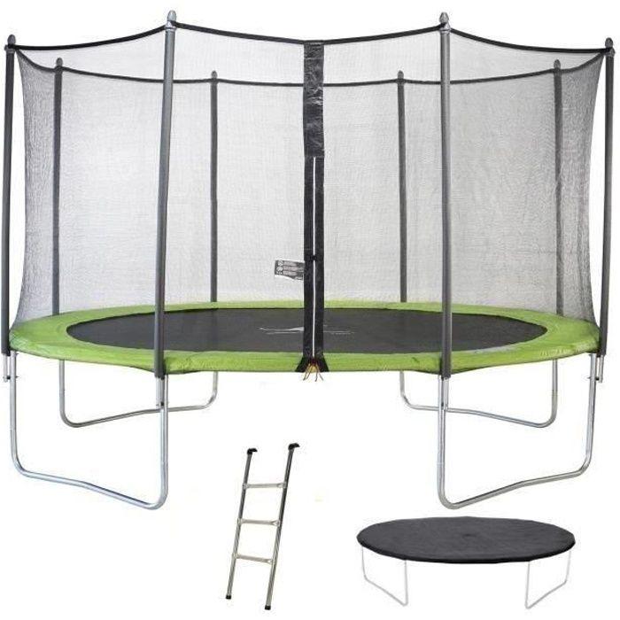 Trampolin mit Sicherheitsnetz, Kangui Twin Duo, Ø 430cm, Grün, mit Leiter und Schutzabdeckung, Max. 100kg
