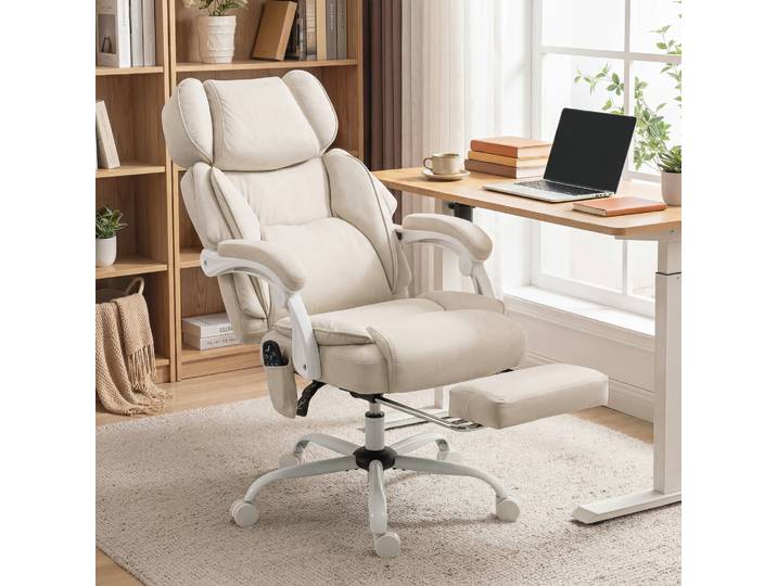 HOMCOM Fauteuil Bureau Massage Chauffant Inclinable Repose-Pieds Blanc