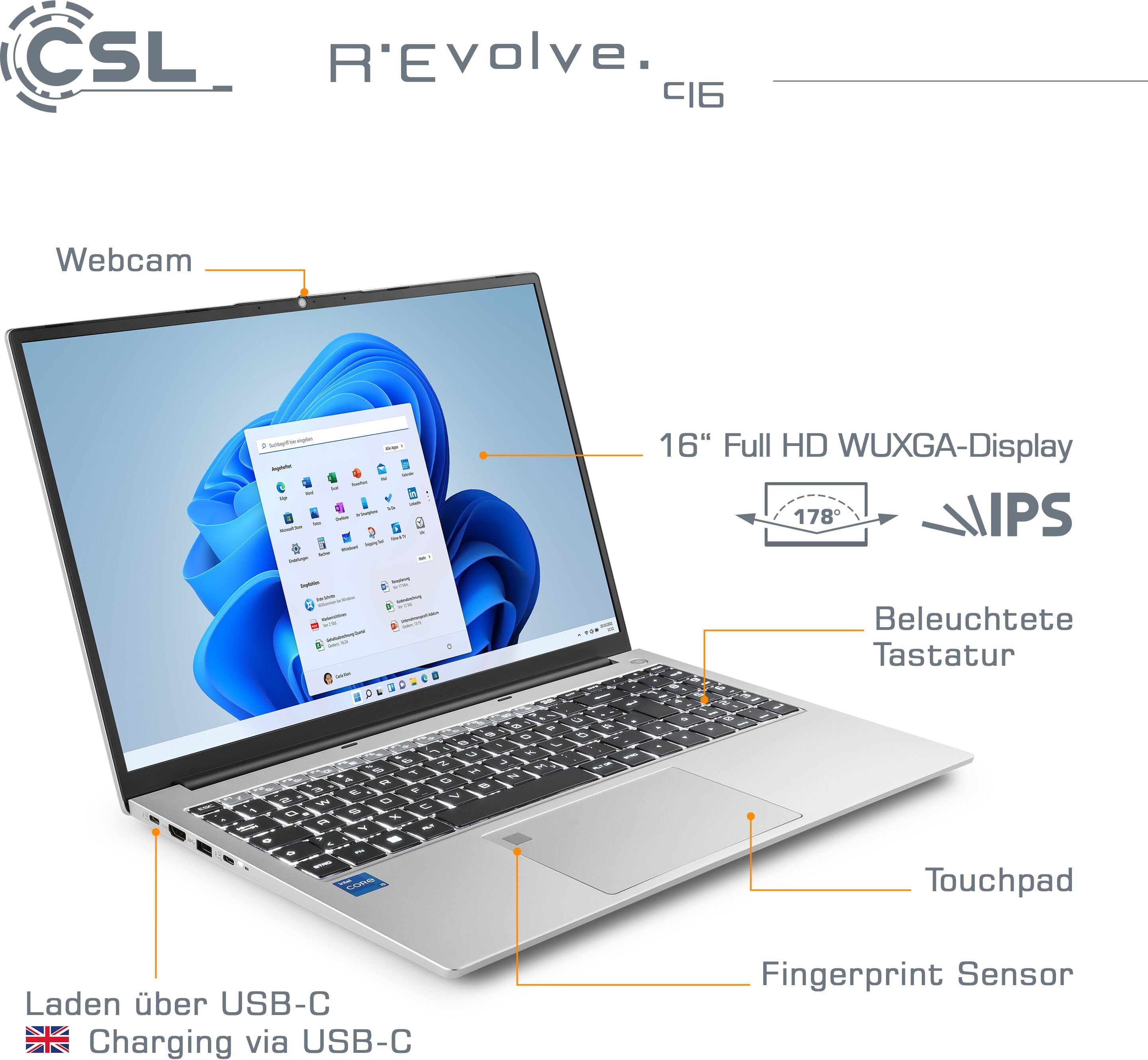CSL Notebook "R'Evolve C16", silber, 16 GB RAM 500 GB SSD, Core i5, Microsoft Windows 11 Pro (64 Bit), Notebooks, Notebook