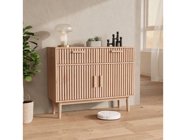 Buffet en chêne foncé veiné 100x35x80cm 2 Portes-2 Tiroirs Design ondulé 3D Meuble de Cuisine Buffet Armoire pour Cuisine et Salon
