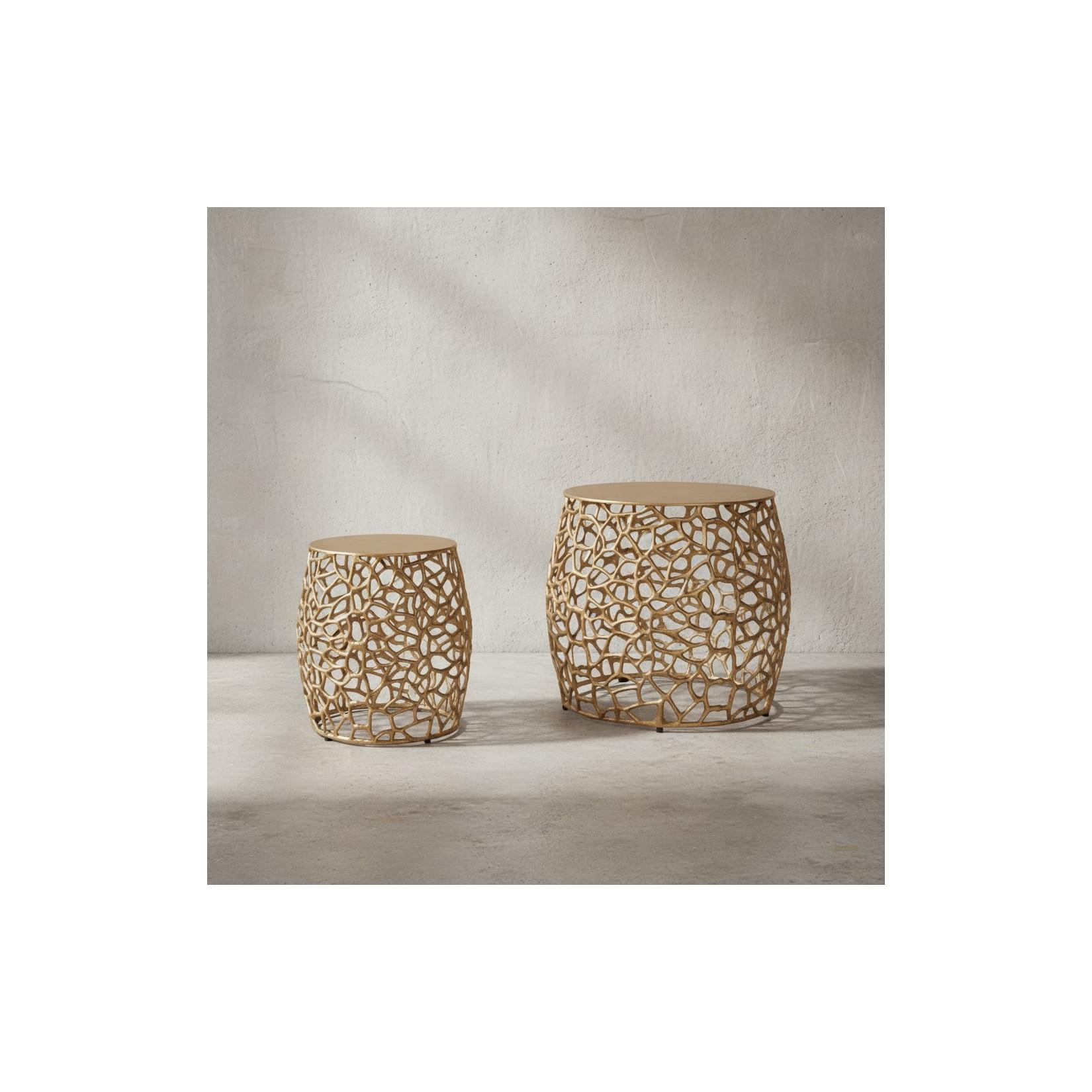 KADIMA DESIGN 2-teiliges Satztisch-Set aus Gold-Aluminium, Handgefertigt mit Aststruktur