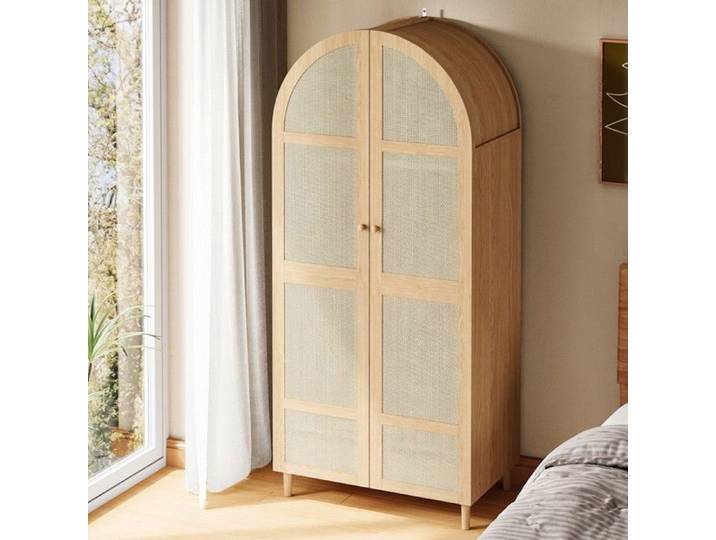 Armoire Penderie en Rotin avec Tiroirs et Portes Incurvées Garde-Robe Moderne Rangement Chambre 80 cm Norevia