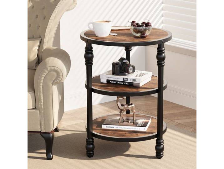 BOUT DE CANAPE TABLE BASSE TABLE D'APPOINT EN RONDE-MDF- MARRON VINTAGE 46X46X60CM