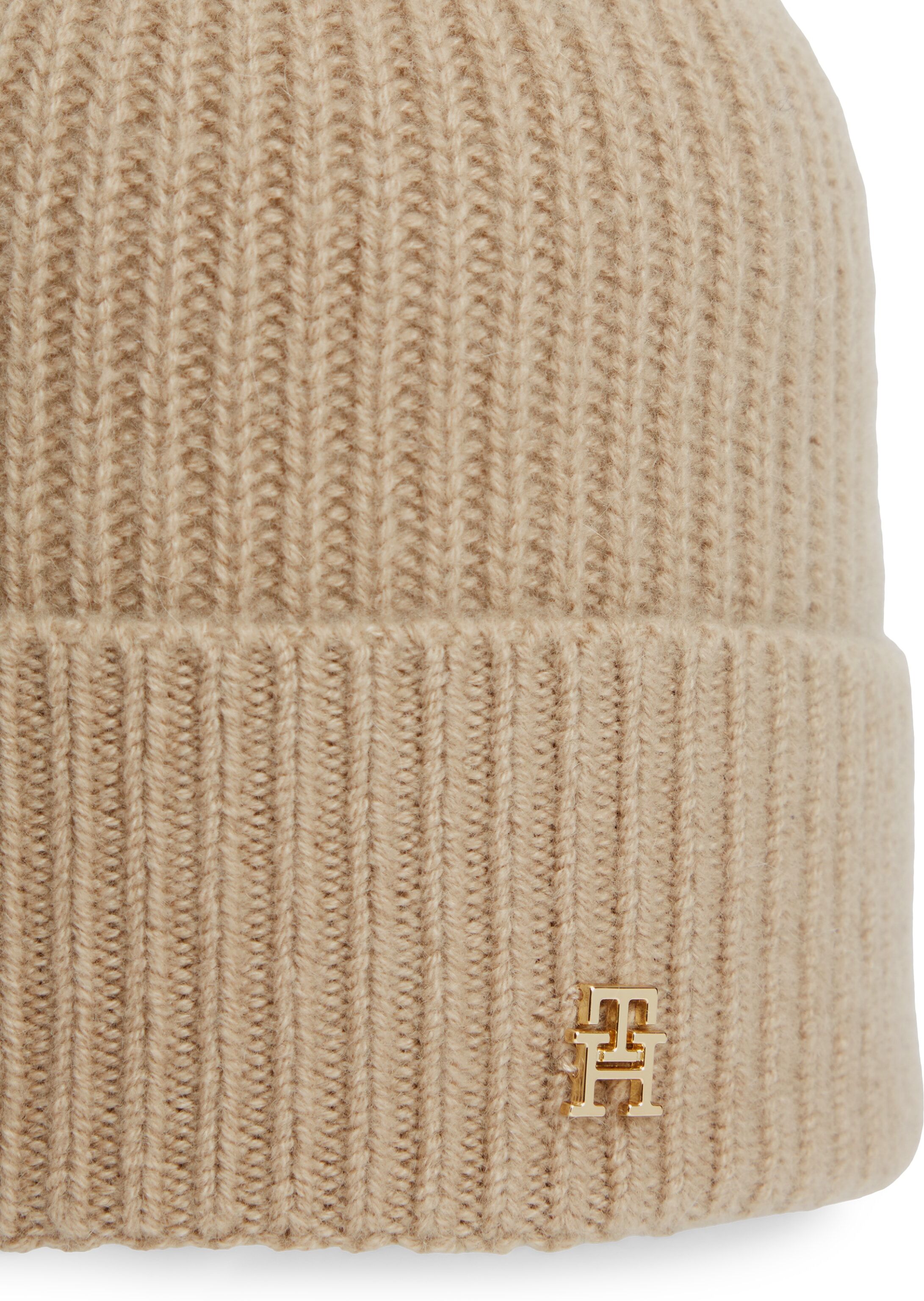 Beanie TOMMY HILFIGER "CASHMERE BEANIE", Damen, horseradish, Strick, Kaschmir, unifarben, Mützen Beanie, Regular fit mit Markenlogoemblem horseradish Einheitsgröße