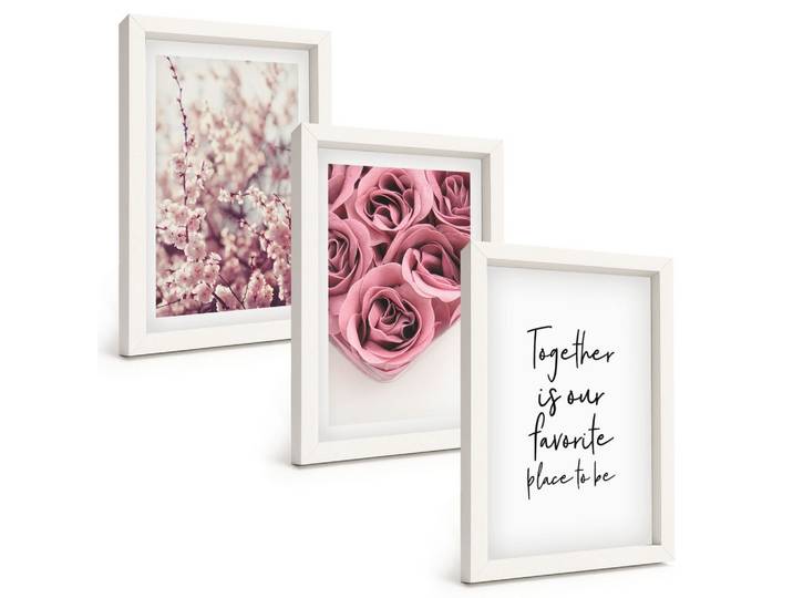 BILDER SET 3er Set - 20x30 cm Weißer Rahmen - Blumensträuße aus Rosen mit einer Inschrift