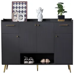 OKWISH Schuhschrank Flurschrank 130x37x100 mit 2 Schubladen 4 Türen offenes Fach Stauraum modern platzsparend Schwarz