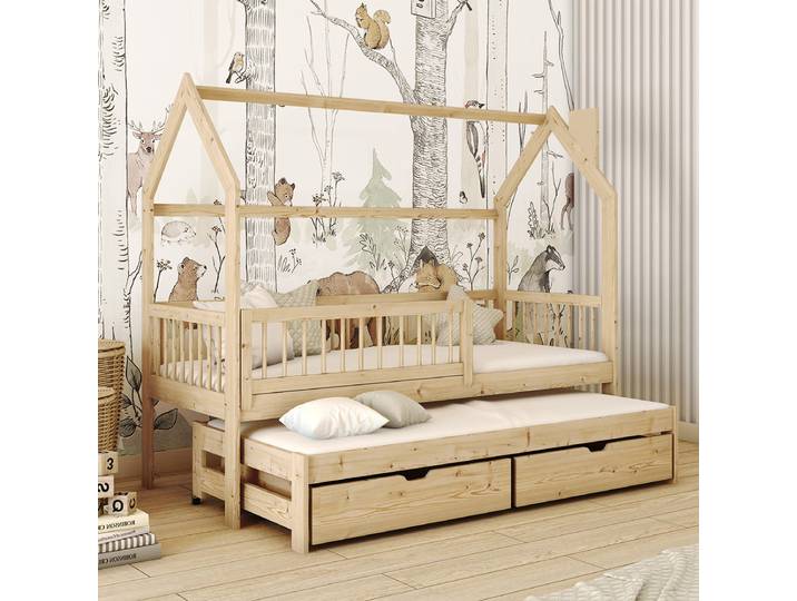 Lit cabane 90x200 sommiers lit gigogne et tiroirs Lino Bois