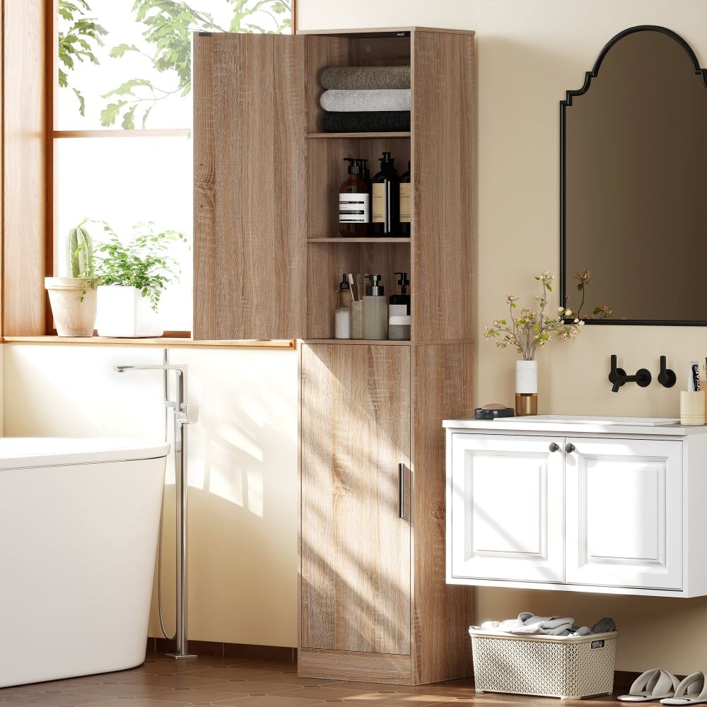 Homcom Meuble de rangement colonne 2 portes et 4 étagères réglables naturel Beige 40x180x35cm