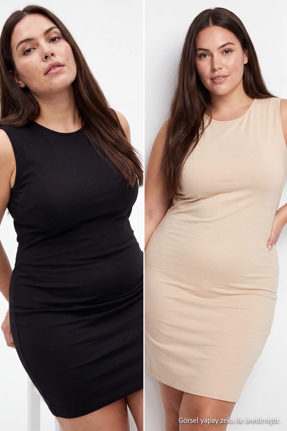 Trendyol Curve Damen Schwarz Einfarbig Midi Ärmellos Etui-Schnitt Große Größen Kleid