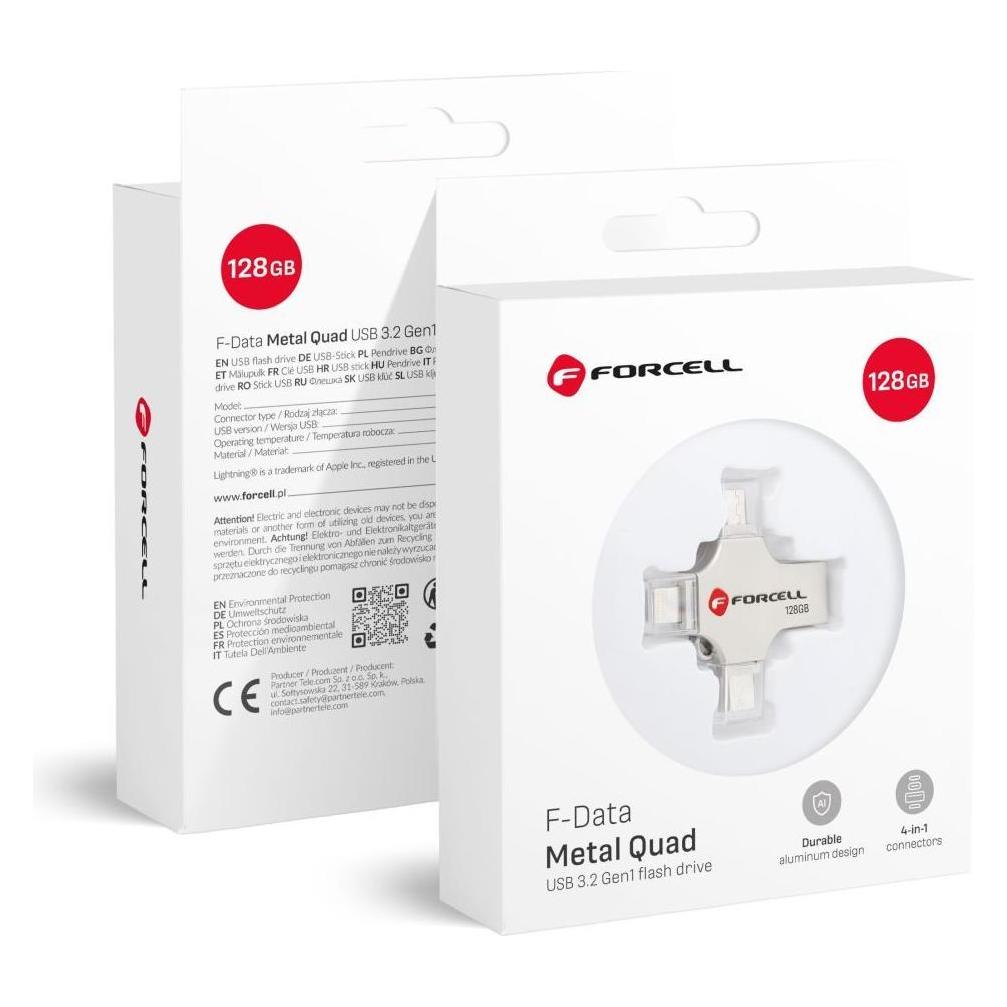 Forcell F-Data Metal Quad USB-Stick - Silber - 128 GB USB 3.2 Gen 1 (128 GB, Micro USB-B, Mini USB-B, USB-A, USB-C) (5903396391859)