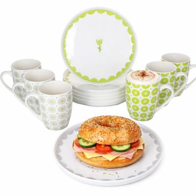 Svea 12tlg Frühstücksset Porzellan Teller Kaffeebecher grün grau Punkte Blume