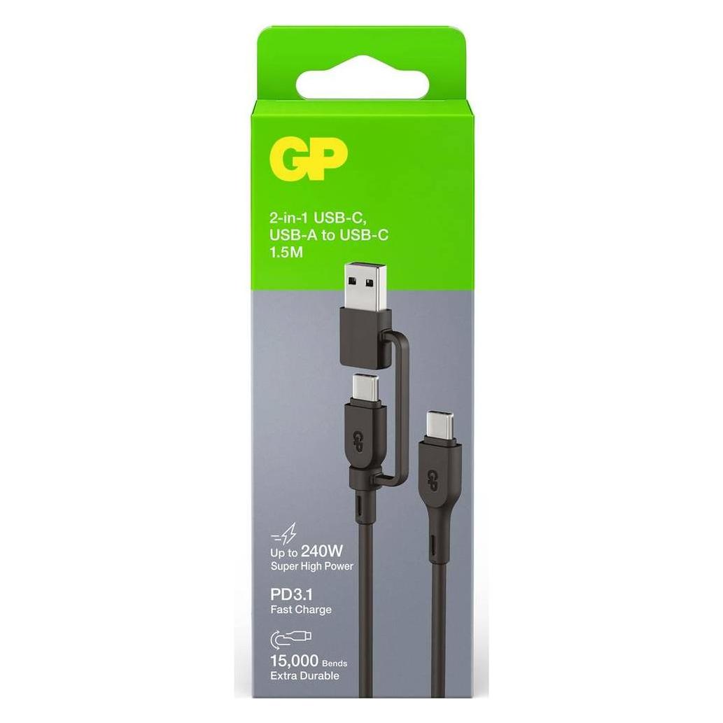 GP Batteries GP 240W Lade- & Sync Kabel USB-A auf USB-C und USB-A (1.50 m, 240 W) (GPCBCXBPBKUSB964)