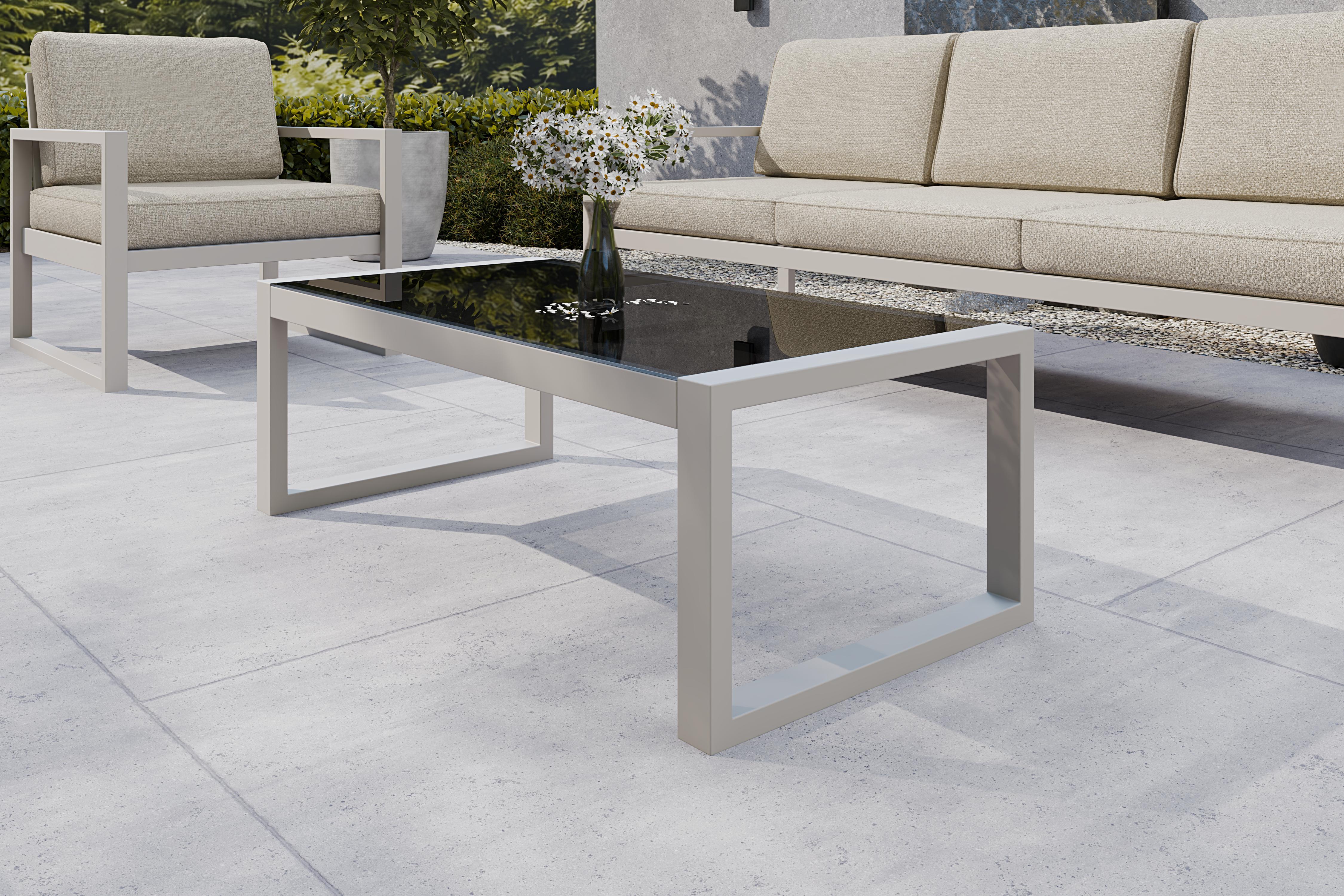 SOLAR Garten-Couchtisch 110 × 55 cm - Metallgestell pulverbeschichtet - Tisch mit 4 mm Glasplatte - CASHMERE
