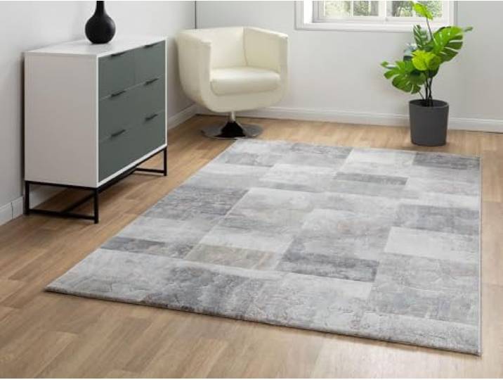 Steffensmeier Kurzflor Teppich Lauro Wohnzimmerteppich Vierecke Grau Beige, Größe: 80x150 cm