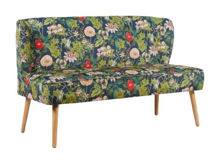 DUBI Möbel Sitzbank Sophia 140 cm mit Federkernpolsterung – Komfortable Esszimmerbank im Blumen-Design – Gepolsterte Küchenbank Dunkelblau Floral – 2-Sitzer Sofa mit Holzbeinen