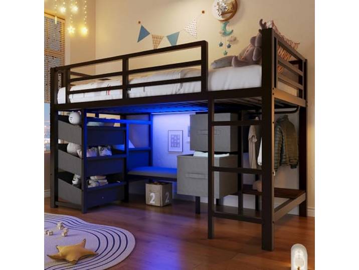 SOFTWEARY Hochbett mit LED-Beleuchtung, Rausfallschutz, Lattenrost, Schubladen, Leiter, Kleiderstange, Sitzbank, 90x200cm, Kinderbett, Metallbett