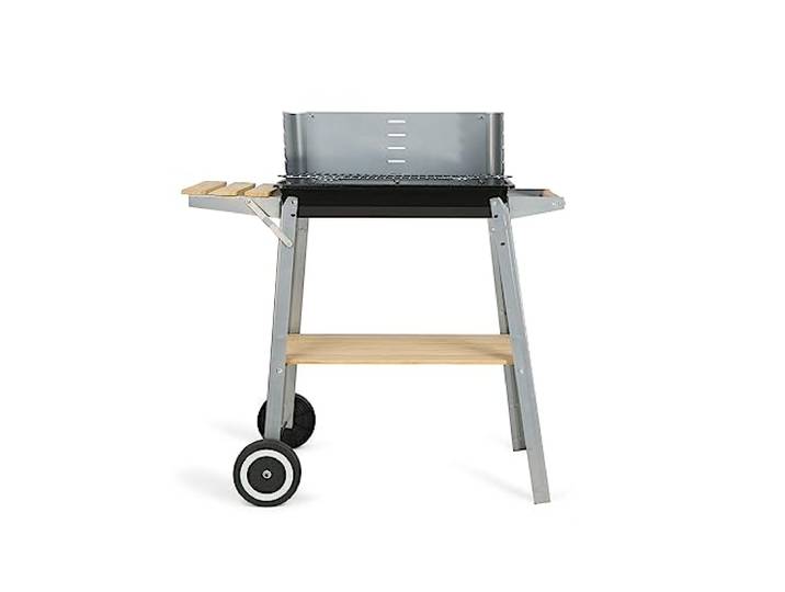 Livoo DOC244 Barbecue Charbon 3/4 Personnes\, Surface de Cuisson 48 * 28 cm\, Tablettes de Rangement\, Gray