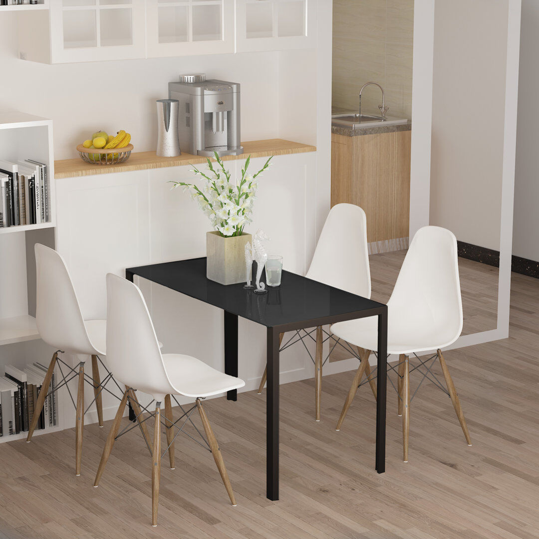 Ebern Designs Dilaver Rectangular Glass Top Dining Table with Steel Base Black
