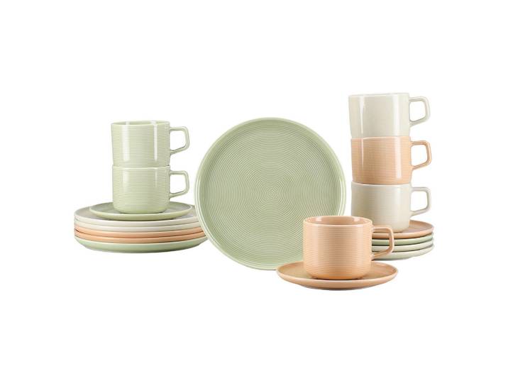 Creatable Kaffeeservice Session Romance, Creme, Salbeigrün, Lachsfarben, Keramik, 18-teilig, 250 ml,250 ml, stapelbar, Geschirr, Geschirrsets, Kaffeeservice