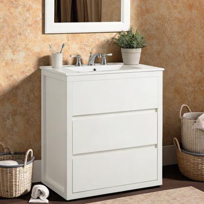 ZWYO HOSIMU "30"" MDF Ceramic Sink Vanity with 2 Full-Extension Drawers, 45° Free-Handle & Soft-Close Undermount Slides"