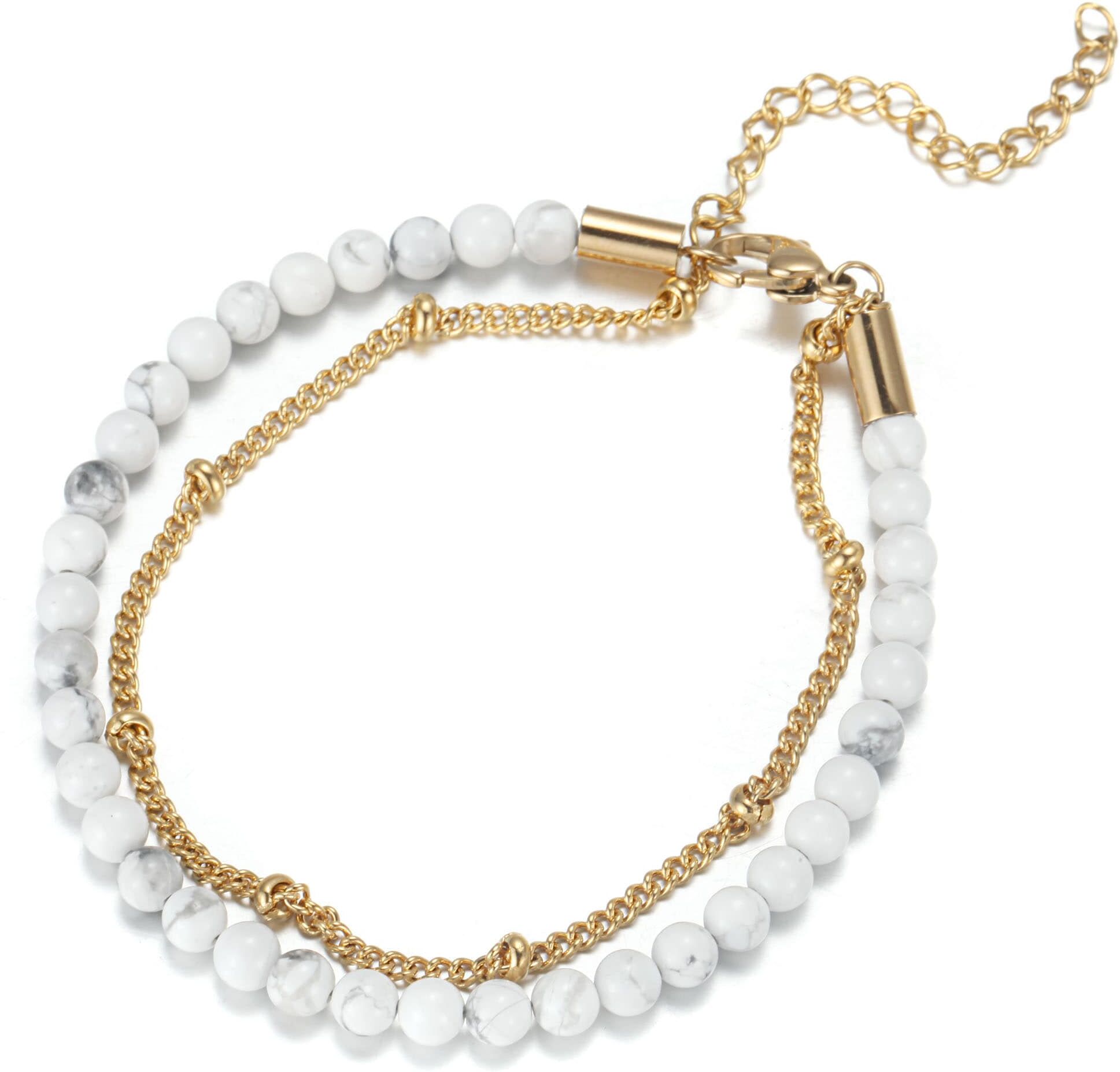 Fusskette FIRETTI "Schmuck Geschenk KörperSchmuck", gold (gelbgoldfarben, weiß, weiß), Fussketten, Damen, Edelstahl, Fusskette, mit Türkis, Achat oder Dumortierit gelbgoldfarben, weiß, weiß Edelstahl