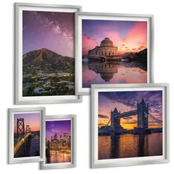 BILDER SET 5er Set - 50x50 cm & 20x30 cm & 40x60 cm Silberner Rahmen - Brücken, Sonne, Stadtblick