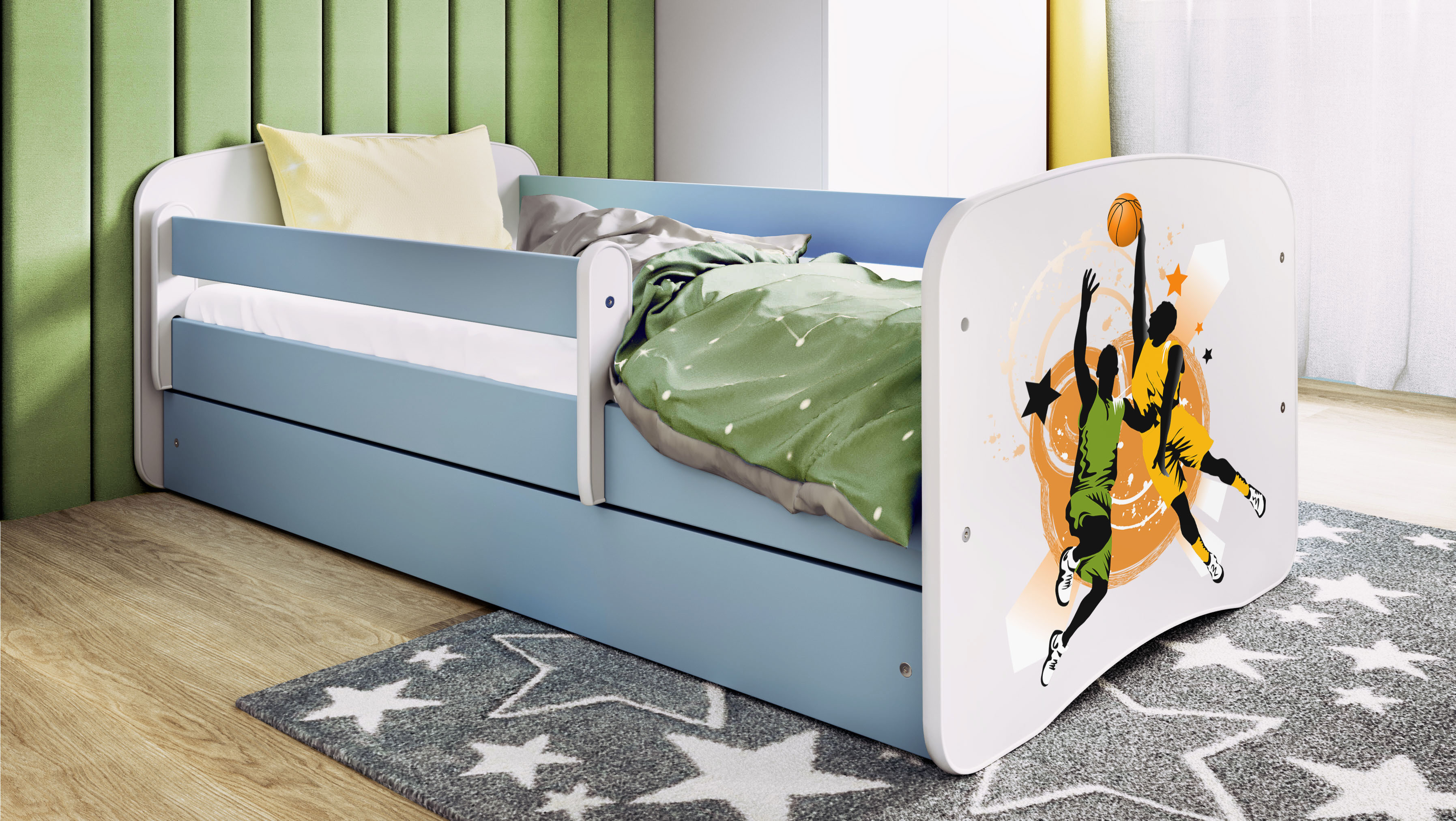 Kinderbett Jugendbett Basketball 70x140, 80x160, 80x180 cm - Komplettset mit Schublade & Rausfallschutz