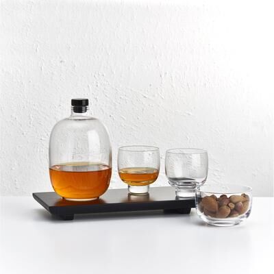 NUDE Glass Malt bottle with 2 tumblers and Bowl and wood tray set