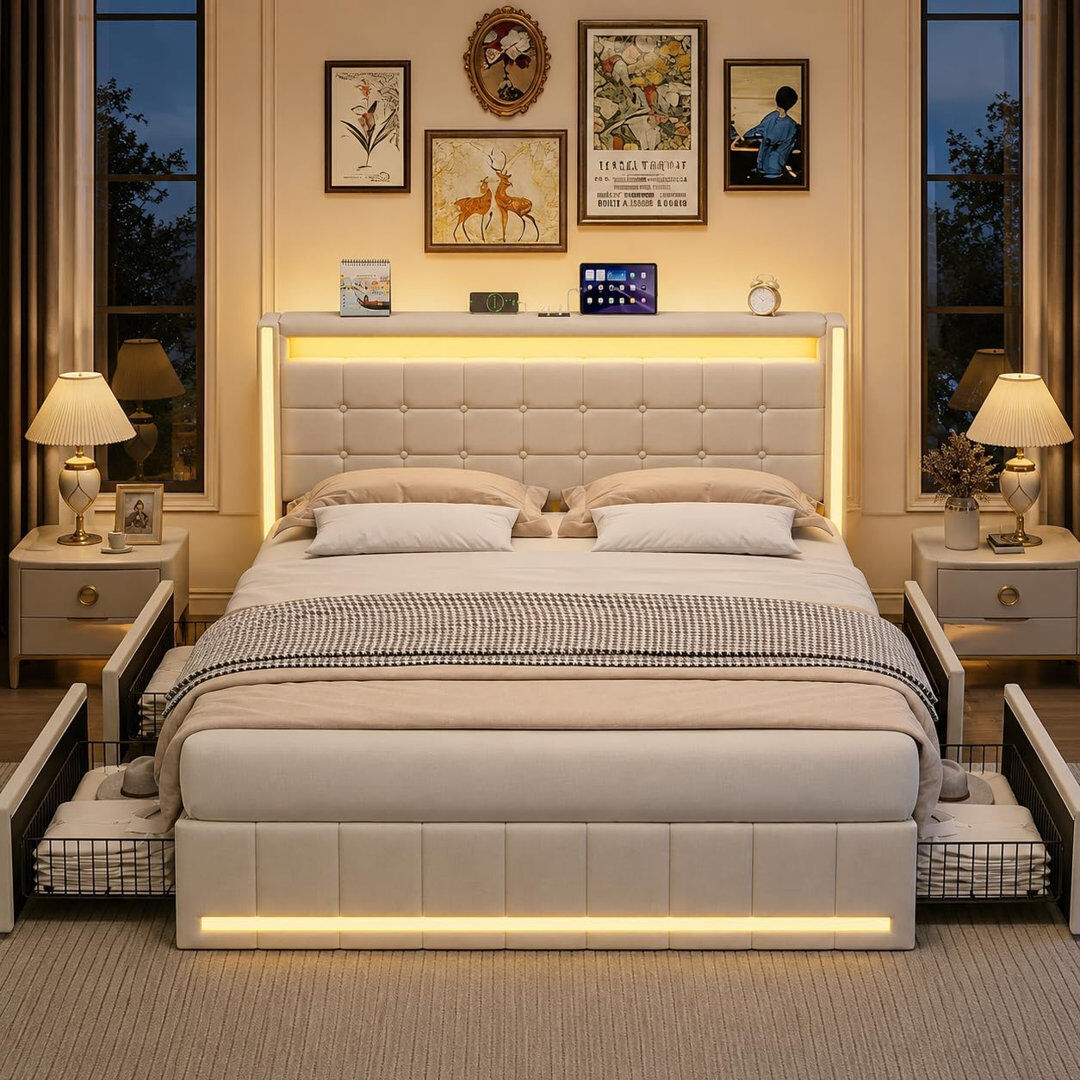 17 Stories Upholstered Bed with LED Lighting Beige 135*190cm