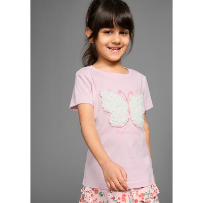 T-Shirt KANGAROOS "Aufwendige Schmetterling-Applikation", Mädchen, Gr. 116/122, rosa, Single Jersey, Obermaterial: 100% Baumwolle, bestickt, geblümt, Basic hüftlang, Rundhals, Shirts T-Shirt, T-Shirt mit aufwendiger 3D-Applikation