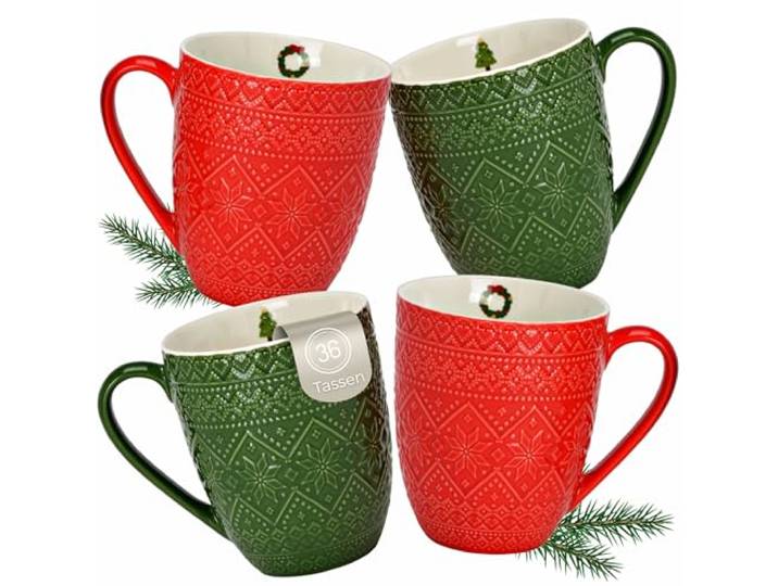 Kaffeetassen 36er Karton Rot & Grün mit Winter Design - Jumbo Weihnachts-Tassen aus Porzellan 410 ml