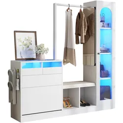 Multifunktionaler Garderobenschrank mit LED-Beleuchtung, Klarglas-Vitrine, drehbarem Schuhschrank und Ganzkörperspiegel 163x50x161 Weiß