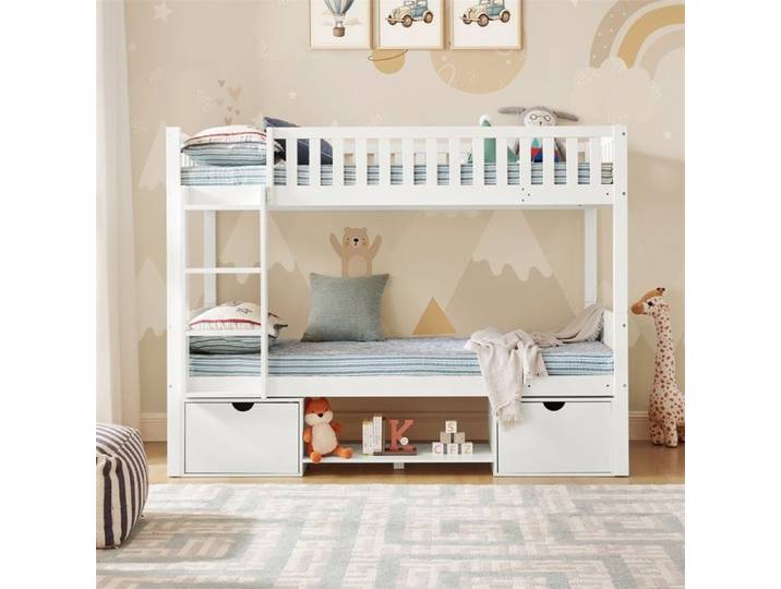 Lit Superposé 90x200cm - Lit Enfant 90x200cm - Séparable en 2 Lits Simples Tiroirs Rangement - Sans matelas - Blanc