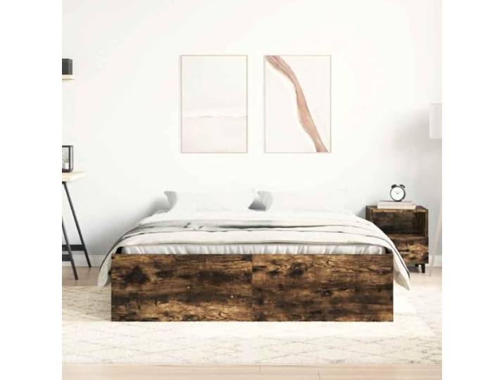 KTHLBRH Bettgestell Eiche Rauch 120 x 200 cm Mehrschichtiges Holz, 6 Fächer, Lattenrost aus Sperrholz, Matratze nicht im Lieferumfang enthalten